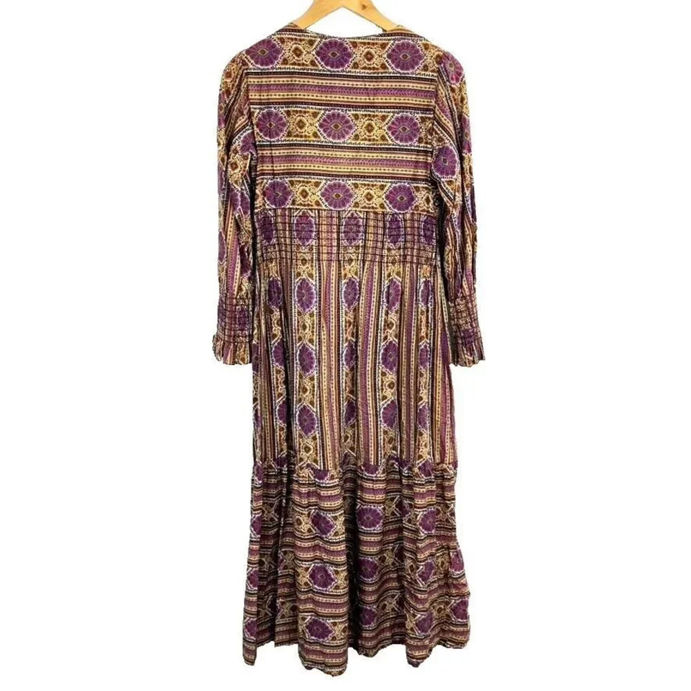 VTG 70's House of She LTD Maxi Dress Boho‎ Hippy Colorful Fun Size S/M Tie Front